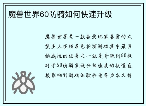 魔兽世界60防骑如何快速升级